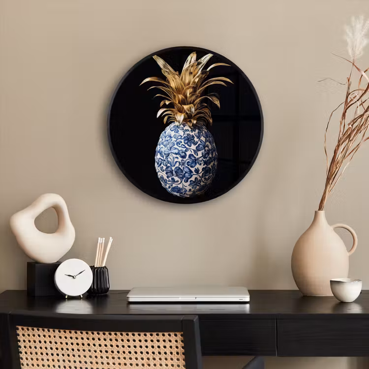 Ananas - Bloemen patroon - Goud - Delftsblauw Fotolijst rond zonder passe partout klein -sfeer1