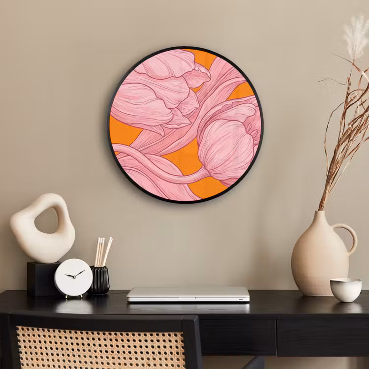 Photo Frame Round - Pink Flowers - Modern - Roze bloemen - Modern Fotolijst rond zonder passe partout klein