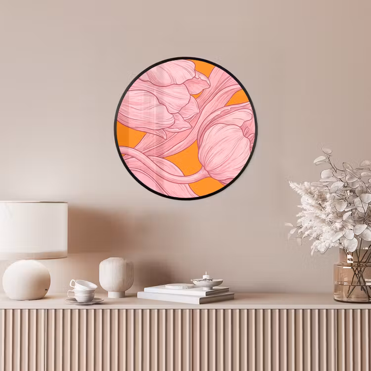 Photo Frame Round - Pink Flowers - Modern - Roze bloemen - Modern Fotolijst rond zonder passe partout klein