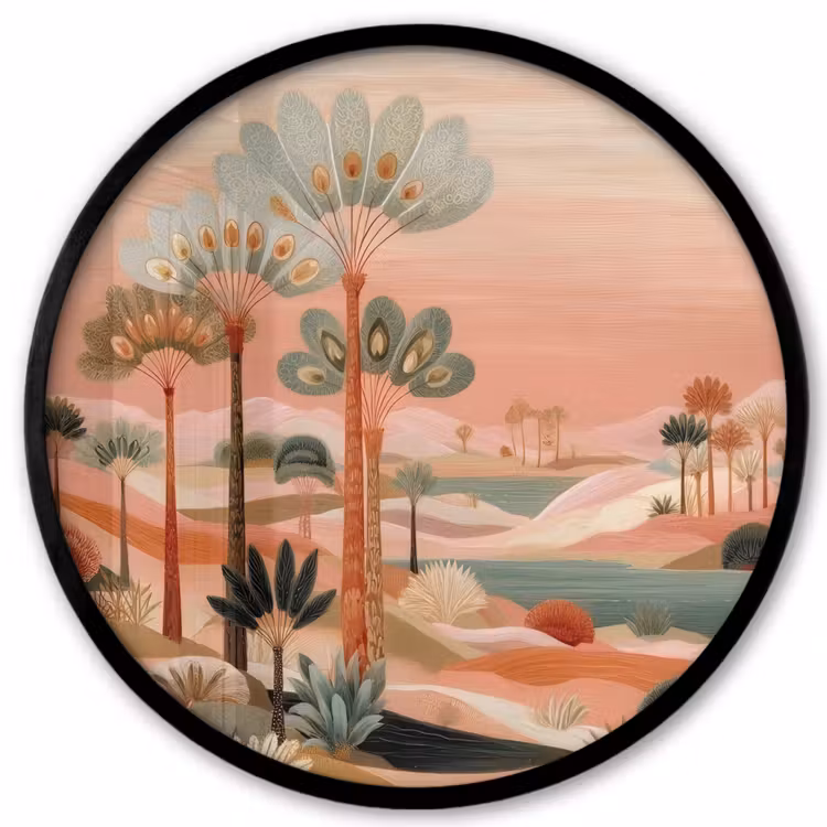 Roze landschap - Palmen - Water Fotolijst rond zonder passe partout klein -3d