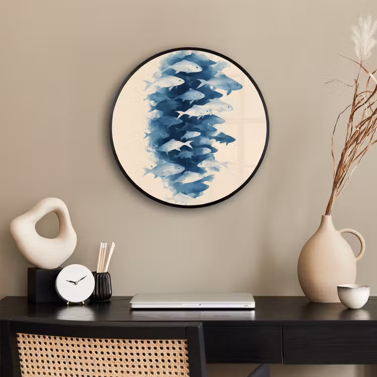 Vissen - Minimalistisch - Blauw Fotolijst rond zonder passe partout klein -sfeer1