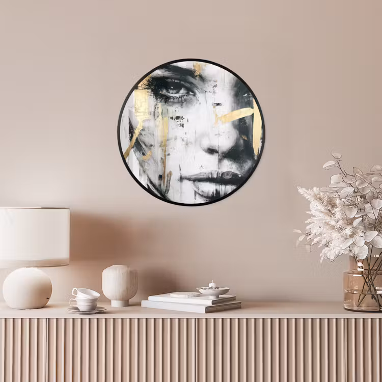 Portret - Vrouw - Penseelstreken - Goud Fotolijst rond zonder passe partout klein -sfeer3
