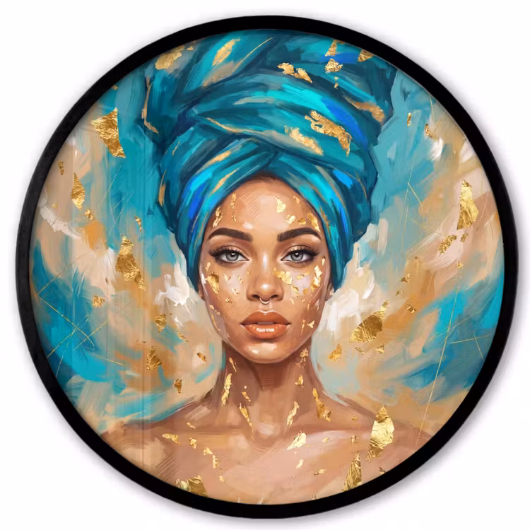 Portret - Vrouw - Schilderij - Blauw - Goud - Expressief Fotolijst rond zonder passe partout klein -3d