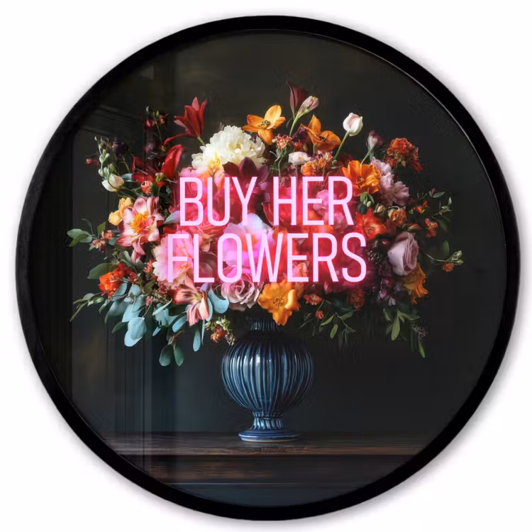 Quote - Bloemen - Vaas - Neon Fotolijst rond zonder passe partout klein -3d