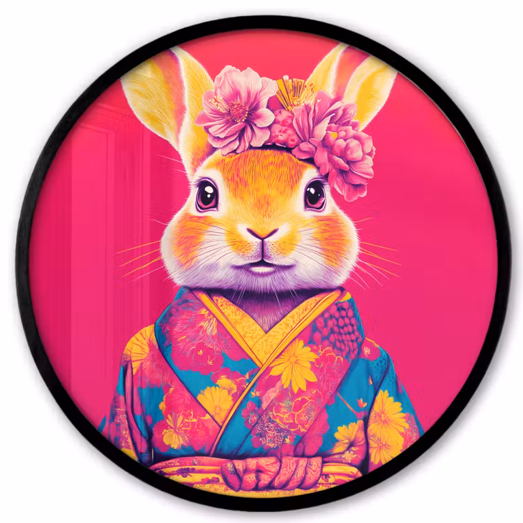 Konijn - Bloemen - Kleurrijk - Kimono Fotolijst rond zonder passe partout klein -3d