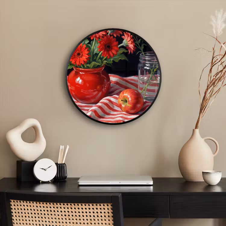 Photo Frame Round - Red Flowers - Vase - Rode bloemen - Vaas Fotolijst rond zonder passe partout klein