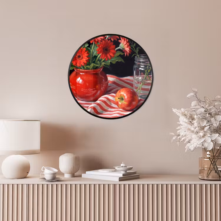Photo Frame Round - Red Flowers - Vase - Rode bloemen - Vaas Fotolijst rond zonder passe partout klein