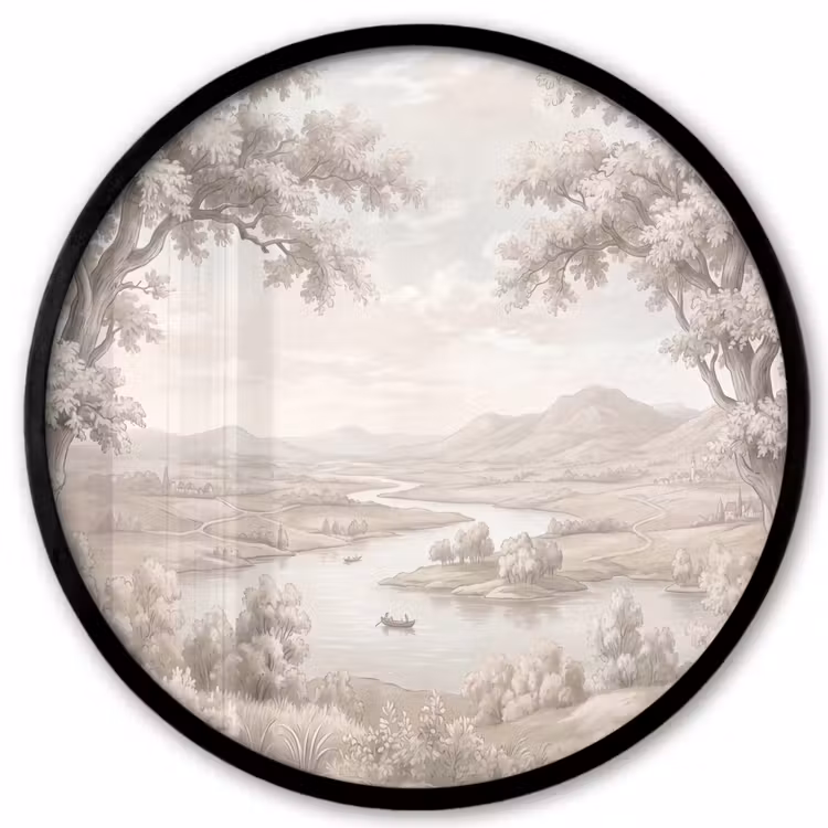 Rivierlandschap - Bergen - Natuur - Vintage - Beige Fotolijst rond zonder passe partout klein -3d