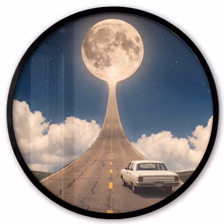Photo Frame Round - Road - Moon - Night - Weg - Maan - Nacht Fotolijst rond zonder passe partout klein