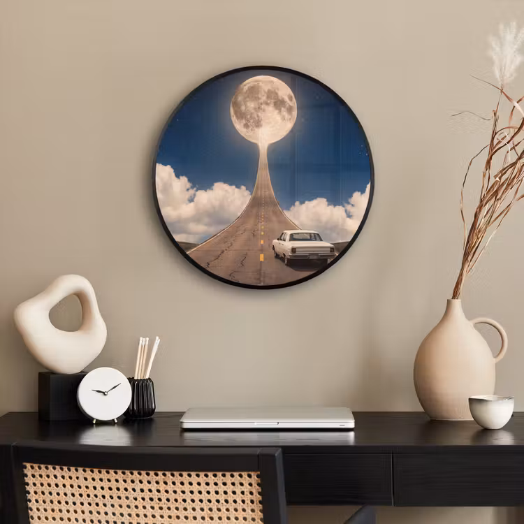 Photo Frame Round - Road - Moon - Night - Weg - Maan - Nacht Fotolijst rond zonder passe partout klein