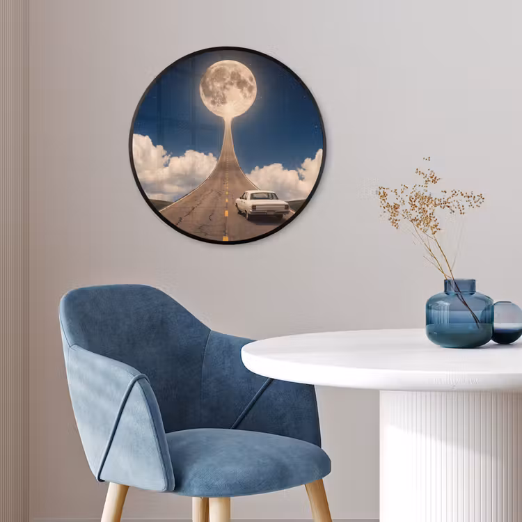 Photo Frame Round - Road - Moon - Night - Weg - Maan - Nacht Fotolijst rond zonder passe partout klein
