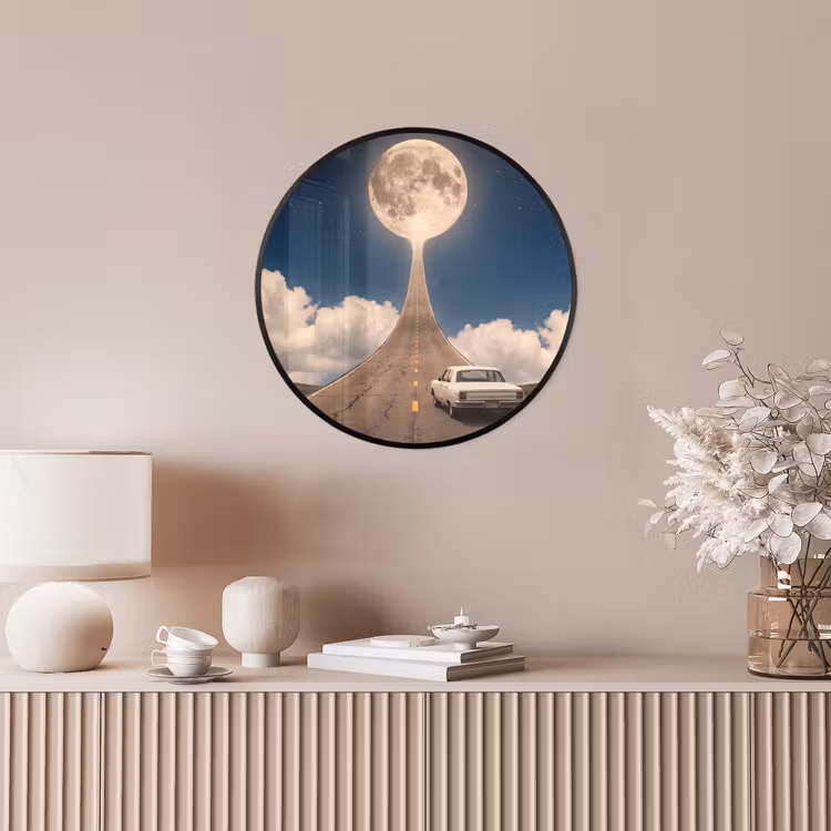 Photo Frame Round - Road - Moon - Night - Weg - Maan - Nacht Fotolijst rond zonder passe partout klein