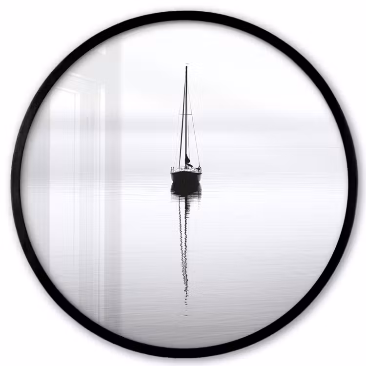 Zeilboot - Zwart - Water - Silhouet Fotolijst rond zonder passe partout klein -3d