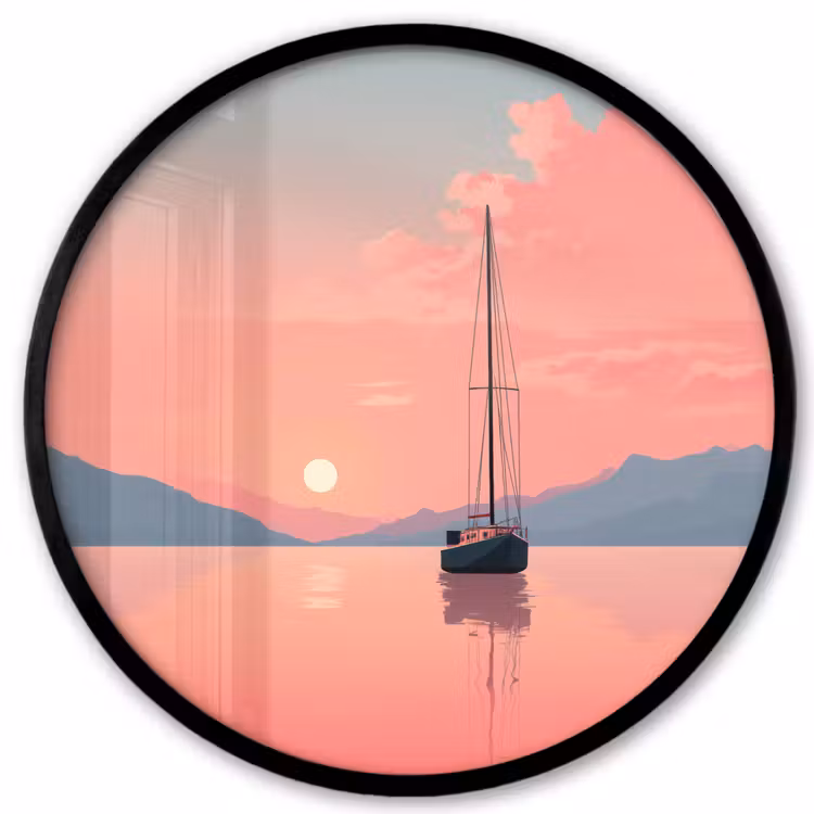 Zeilboot - Roze zee - Zonsondergang - Bergen Fotolijst rond zonder passe partout klein -3d