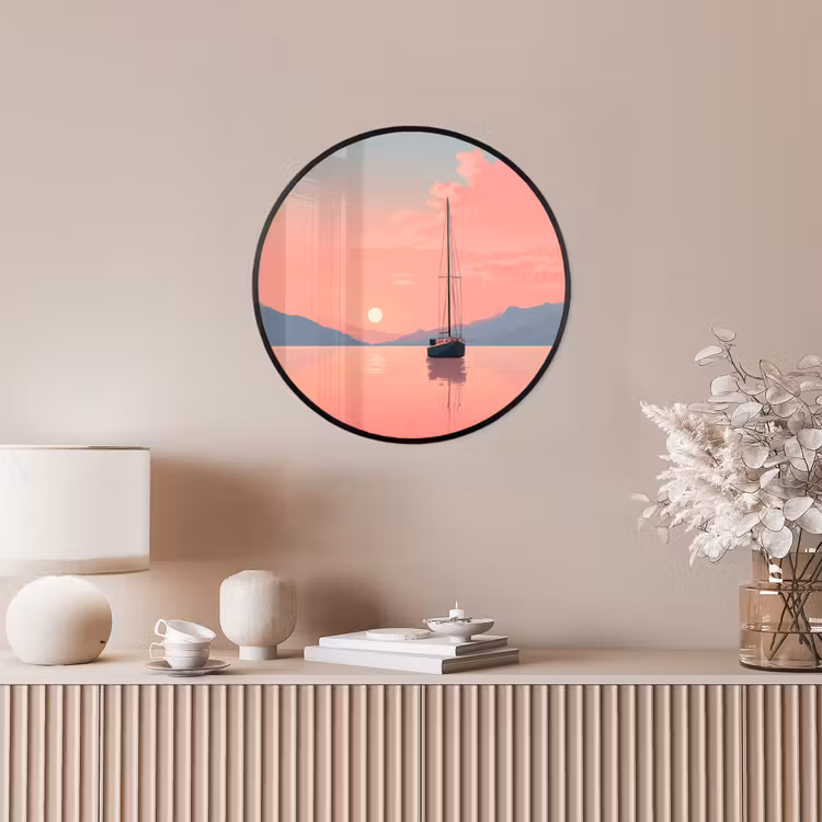 Zeilboot - Roze zee - Zonsondergang - Bergen Fotolijst rond zonder passe partout klein -sfeer3