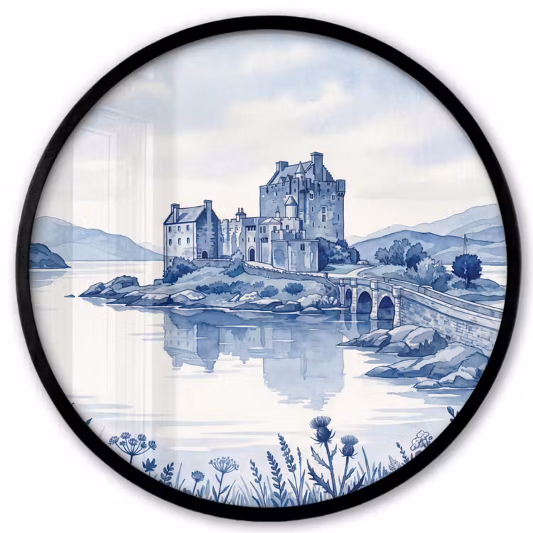 Schots - Kasteel - Blauw - Aquarel Fotolijst rond zonder passe partout klein -3d