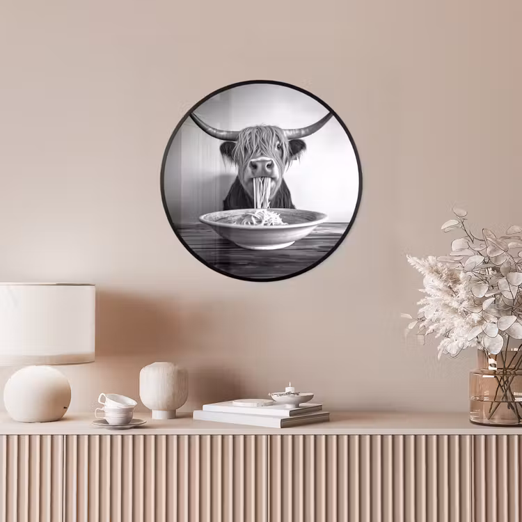 Schotse Hooglander - Spaghetti - Dieren - Zwart wit Fotolijst rond zonder passe partout klein -sfeer3