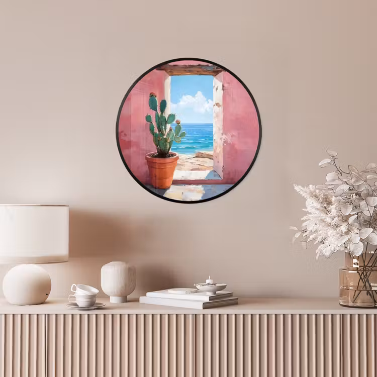 Zee - Roze - Cactus Fotolijst rond zonder passe partout klein -sfeer3