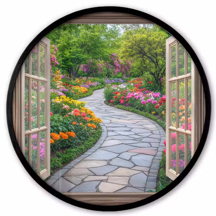 Doorkijk - Bloemen - Tuinpad - Natuur - Raam Fotolijst rond zonder passe partout klein -3d
