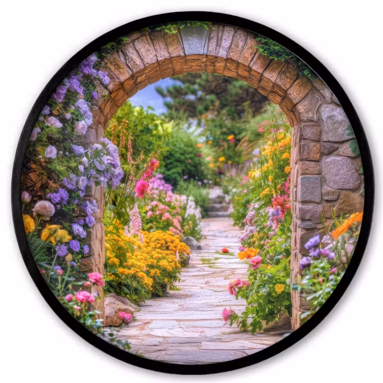 Doorkijk - Bloemen - Pad - Natuur Fotolijst rond zonder passe partout klein -3d