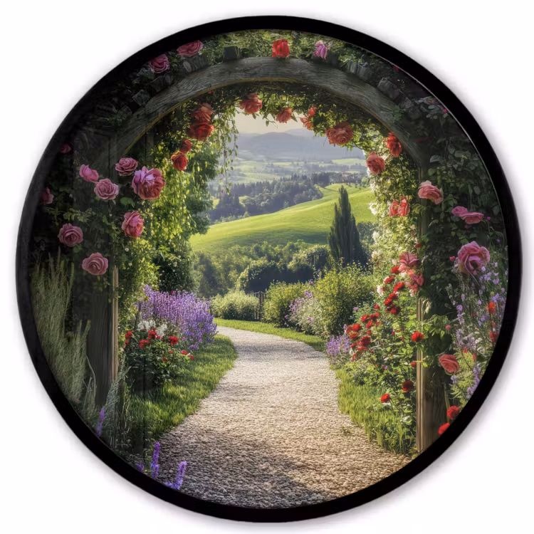 Doorkijk - Tuinboog - Bloemen - Natuur - Pad Fotolijst rond zonder passe partout klein -3d