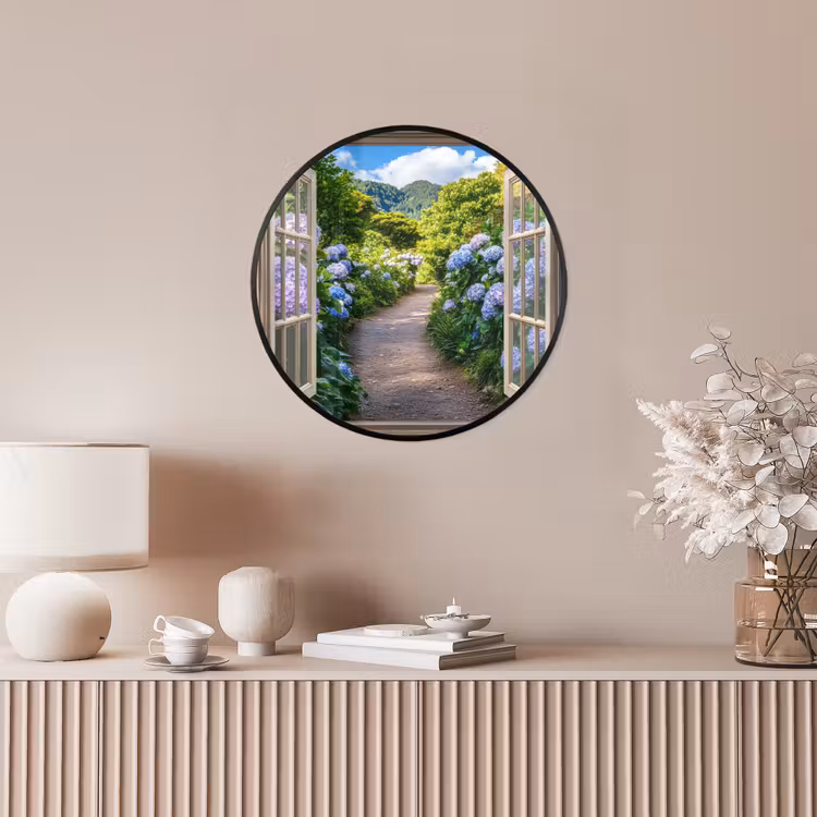 Doorkijk - Hortensia - Pad - Natuur Fotolijst rond zonder passe partout klein -sfeer3