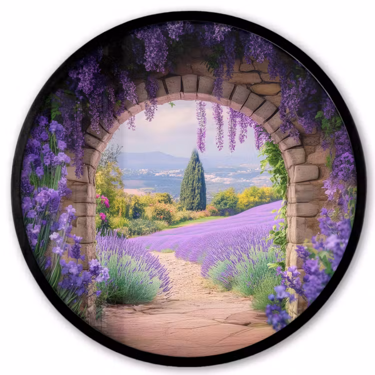 Doorkijk - Lavendel - Bloemen - Paars - Poort Fotolijst rond zonder passe partout klein -3d