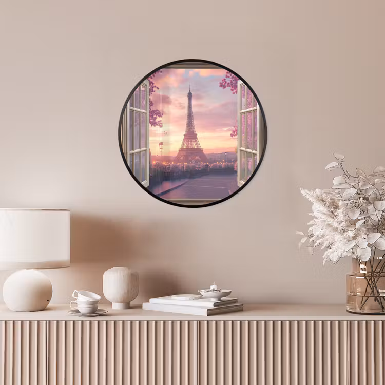 Doorkijk - Parijs - Eiffeltoren - Roze - Kersenbloesem Fotolijst rond zonder passe partout klein -sfeer3