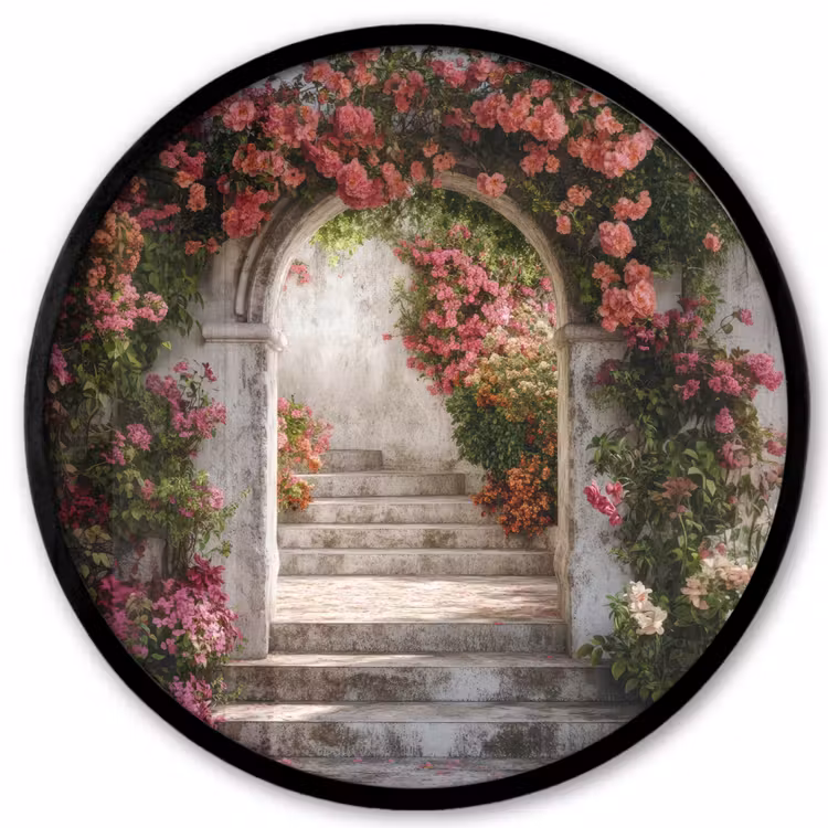 Doorkijk - Rozen - Vintage - Poort Fotolijst rond zonder passe partout klein -3d