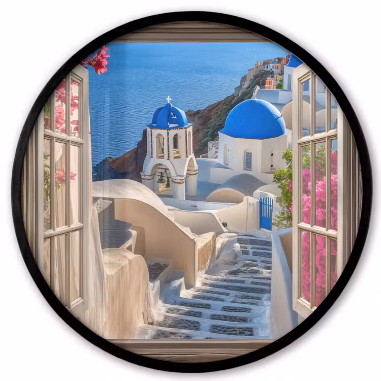 Doorkijk - Santorini - Landschap - Blauw - Grieks Fotolijst rond zonder passe partout klein -3d