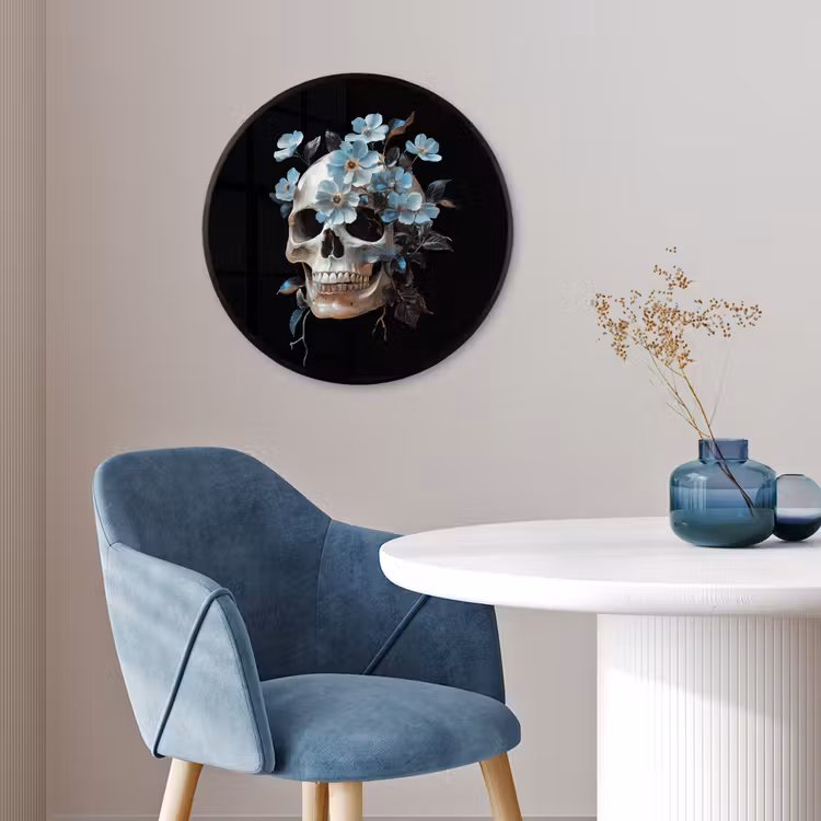 Schedel - Blauw - Bloemen - Bladeren Fotolijst rond zonder passe partout klein -sfeer2