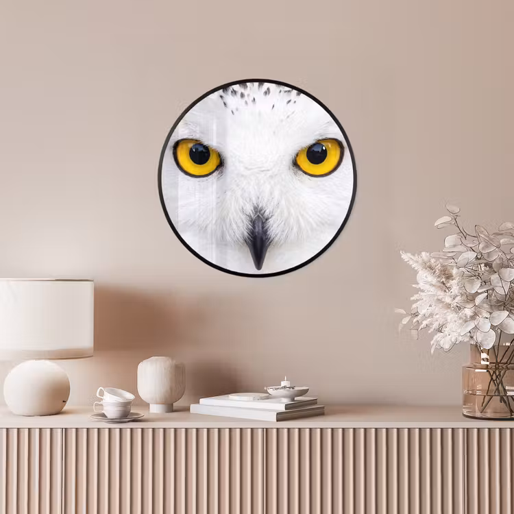 Sneeuwuil - Portret - Geel Fotolijst rond zonder passe partout klein -sfeer3