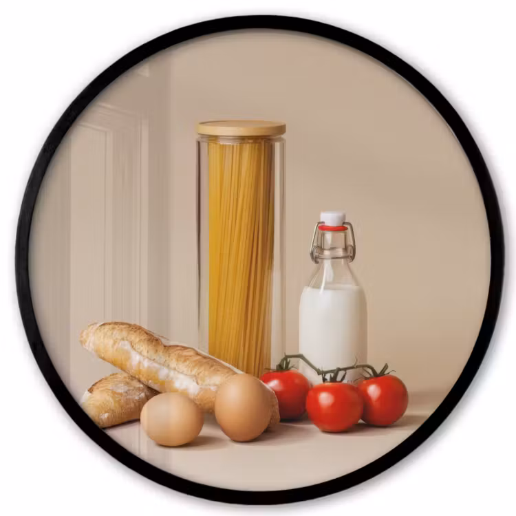 Spaghetti - Melk - Tomaten - Eieren - Brood Fotolijst rond zonder passe partout klein -3d