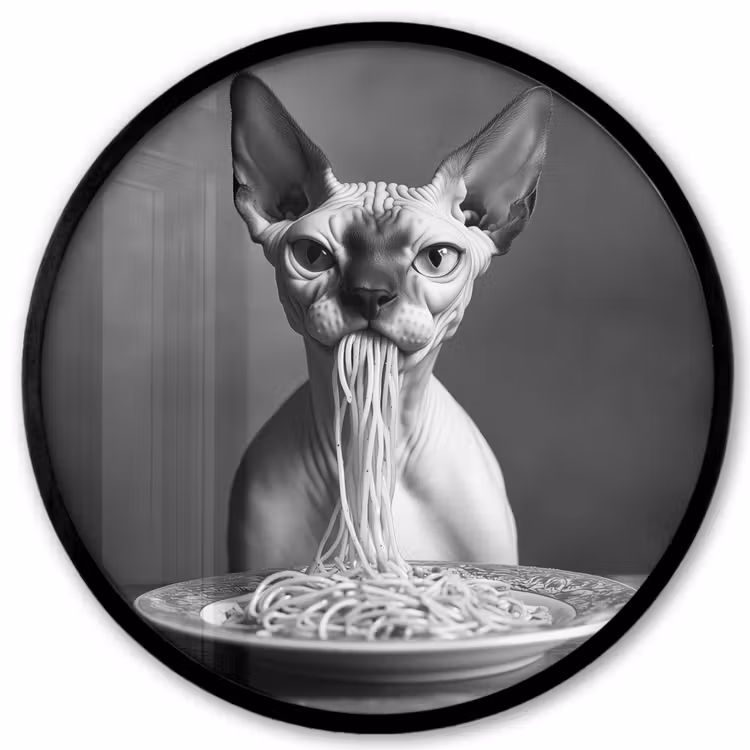Sphynx - Kat - Dieren - Humor - Spaghetti - Zwart Wit Fotolijst rond zonder passe partout klein -3d