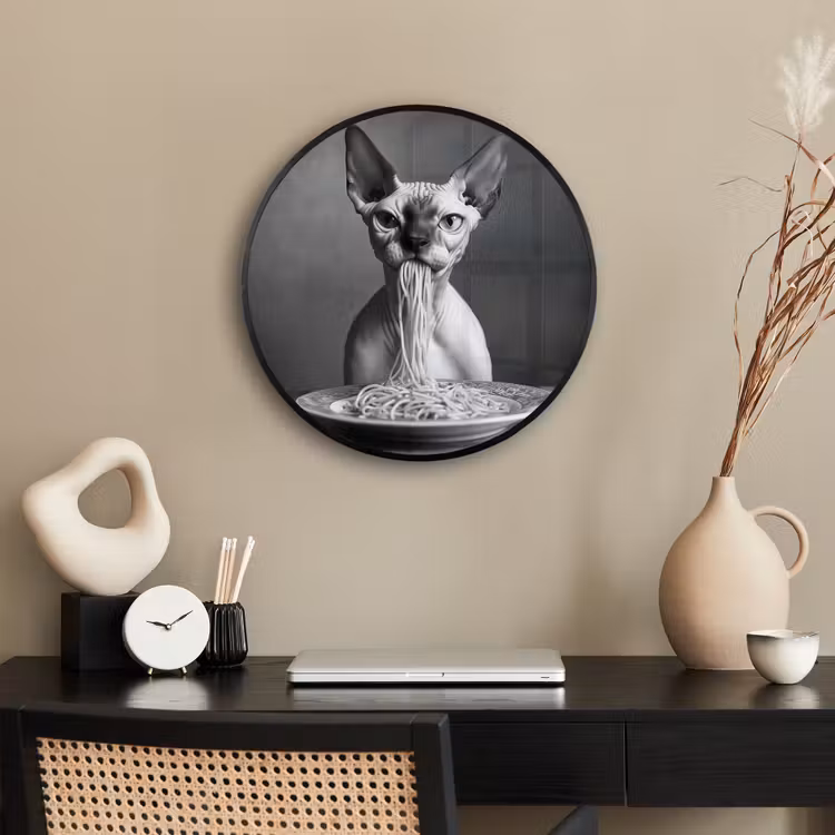 Sphynx - Kat - Dieren - Humor - Spaghetti - Zwart Wit Fotolijst rond zonder passe partout klein -sfeer1