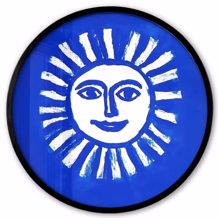 Zon - Gezicht - Penseelstructuur - Blauw Fotolijst rond zonder passe partout klein -3d