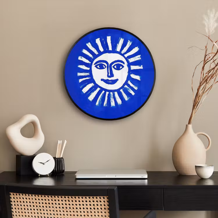 Zon - Gezicht - Penseelstructuur - Blauw Fotolijst rond zonder passe partout klein -sfeer1