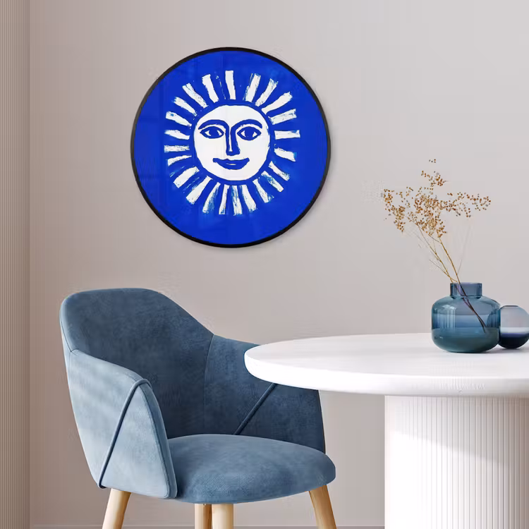 Zon - Gezicht - Penseelstructuur - Blauw Fotolijst rond zonder passe partout klein -sfeer2