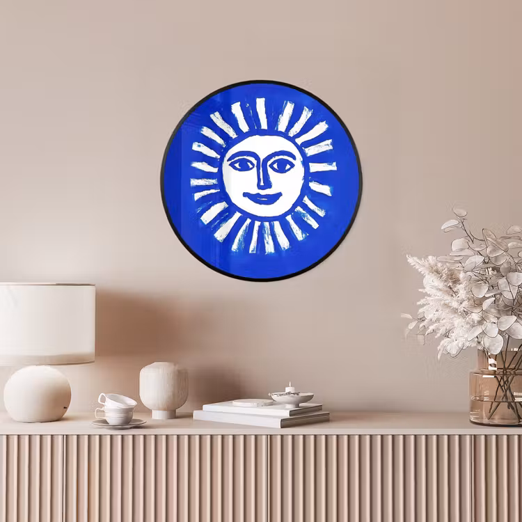 Zon - Gezicht - Penseelstructuur - Blauw Fotolijst rond zonder passe partout klein -sfeer3