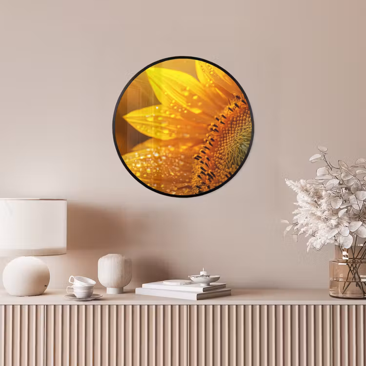 Zonnebloem - Dauwdruppels - Geel - Zonlicht Fotolijst rond zonder passe partout klein -sfeer3