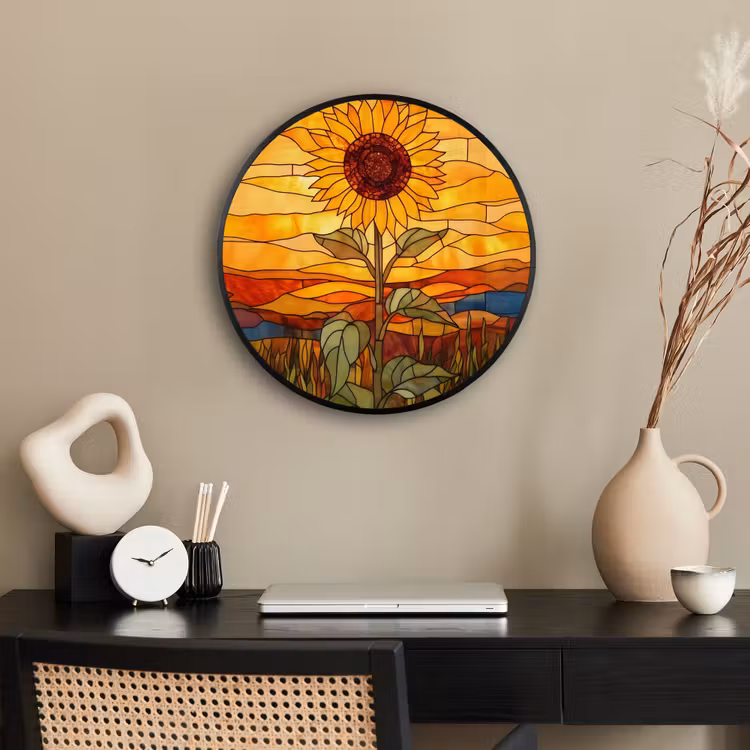Zonnebloem - Mozaïek - Zonsondergang - Geel Fotolijst rond zonder passe partout klein -sfeer1