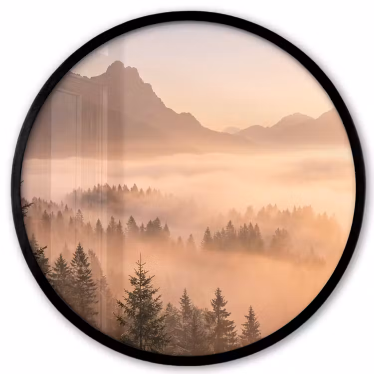 Zonlicht - Mist - Bergen - Bomen Fotolijst rond zonder passe partout klein -3d