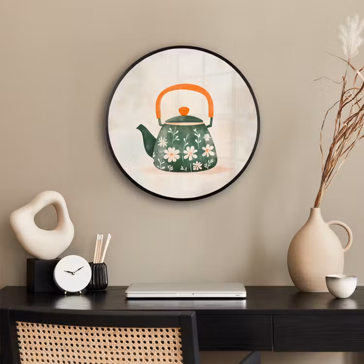 Theepot - Groen - Bloemen - Oranje Fotolijst rond zonder passe partout klein -sfeer1