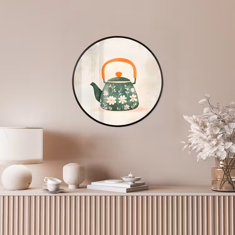 Theepot - Groen - Bloemen - Oranje Fotolijst rond zonder passe partout klein -sfeer3