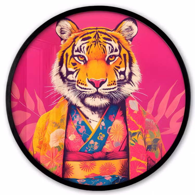 Tijger - Kimono - Planten - Roze Fotolijst rond zonder passe partout klein -3d