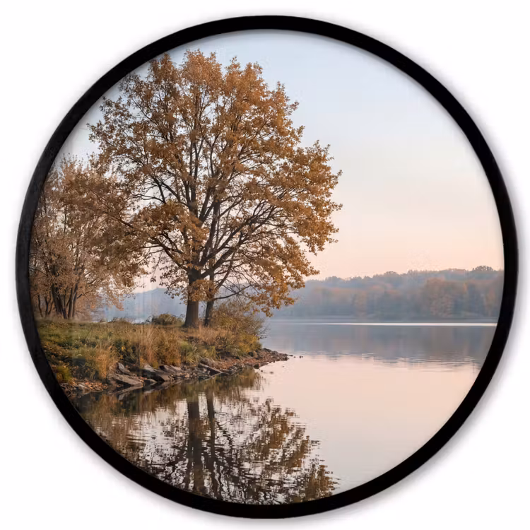 Bomen - Reflectie - Water - Zonsopgang - Serene Fotolijst rond zonder passe partout klein -3d
