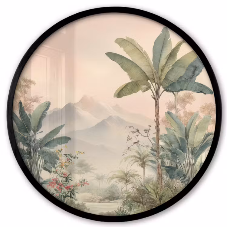 Tropisch landschap - palmbomen - Bloemen - Roze lucht Fotolijst rond zonder passe partout klein -3d