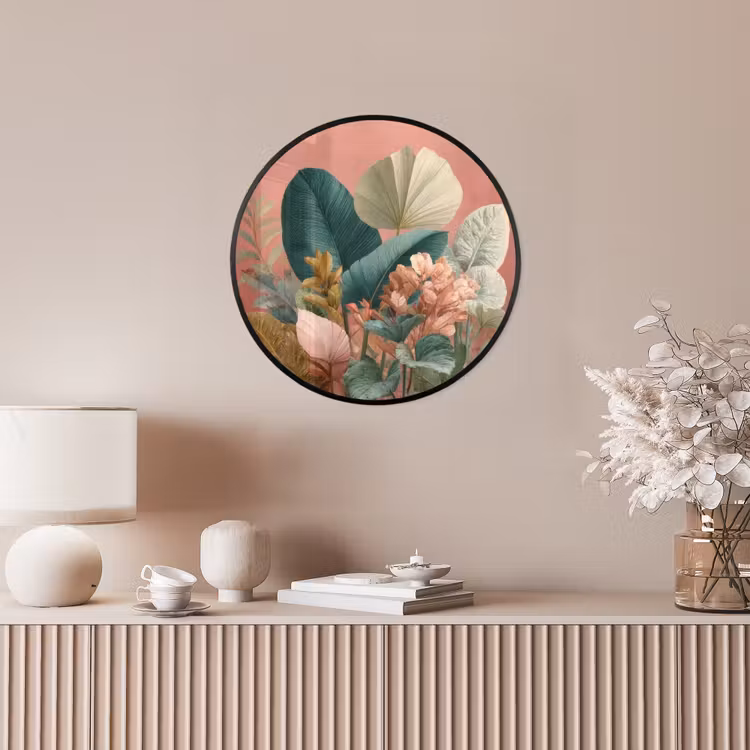 Tropische bladeren - Bloemen - Roze - groen Fotolijst rond zonder passe partout klein -sfeer3