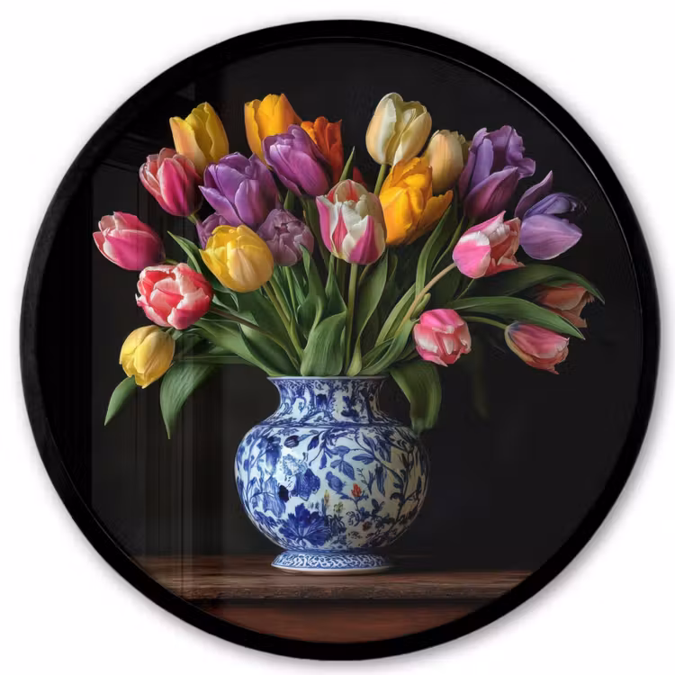 Tulpen - Kleuren - Hout - Vaas Fotolijst rond zonder passe partout klein -3d