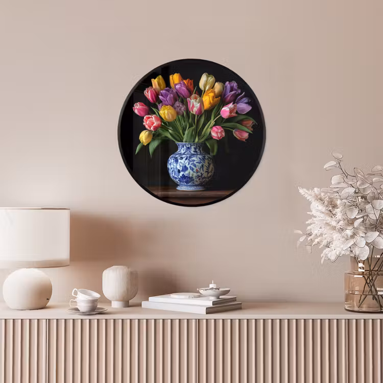 Tulpen - Kleuren - Hout - Vaas Fotolijst rond zonder passe partout klein -sfeer3